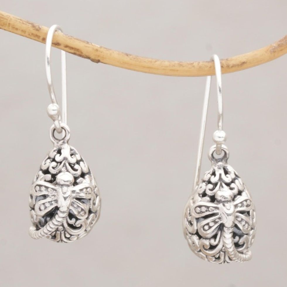 Dainty Egg Shaped Silver Earrings with Dragonflies 'Dragonfly's Rest'
