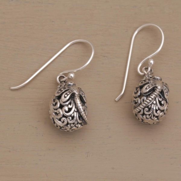 Alternate image for Dainty Egg Shaped Silver Earrings with Dragonflies Dragonflys Rest