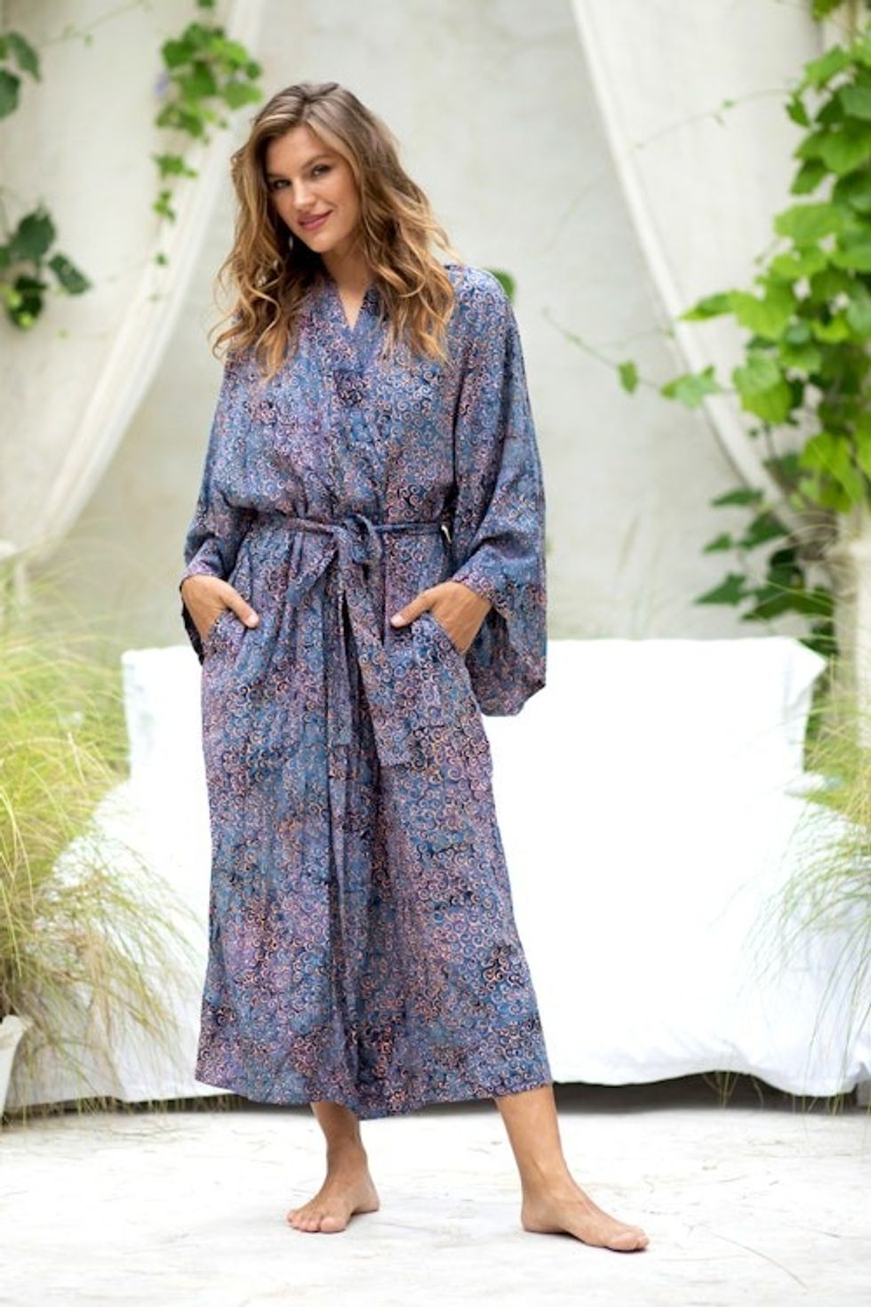 Handcrafted Blue Peach Batik Rayon Robe from Indonesia 'Bewildering Maze'