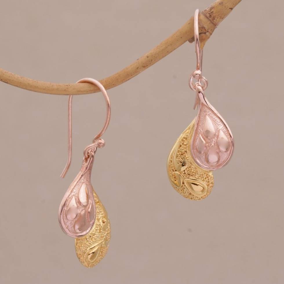 Rose Gold Plated Sterling Silver Dangle Earrings from Bali 'Rosy Paisleys'