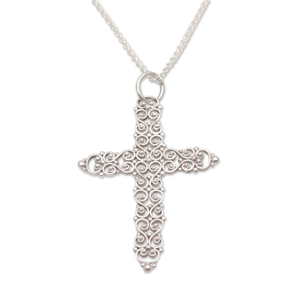 Sterling Silver Cross Pendant Necklace from Indonesia 'The Call'
