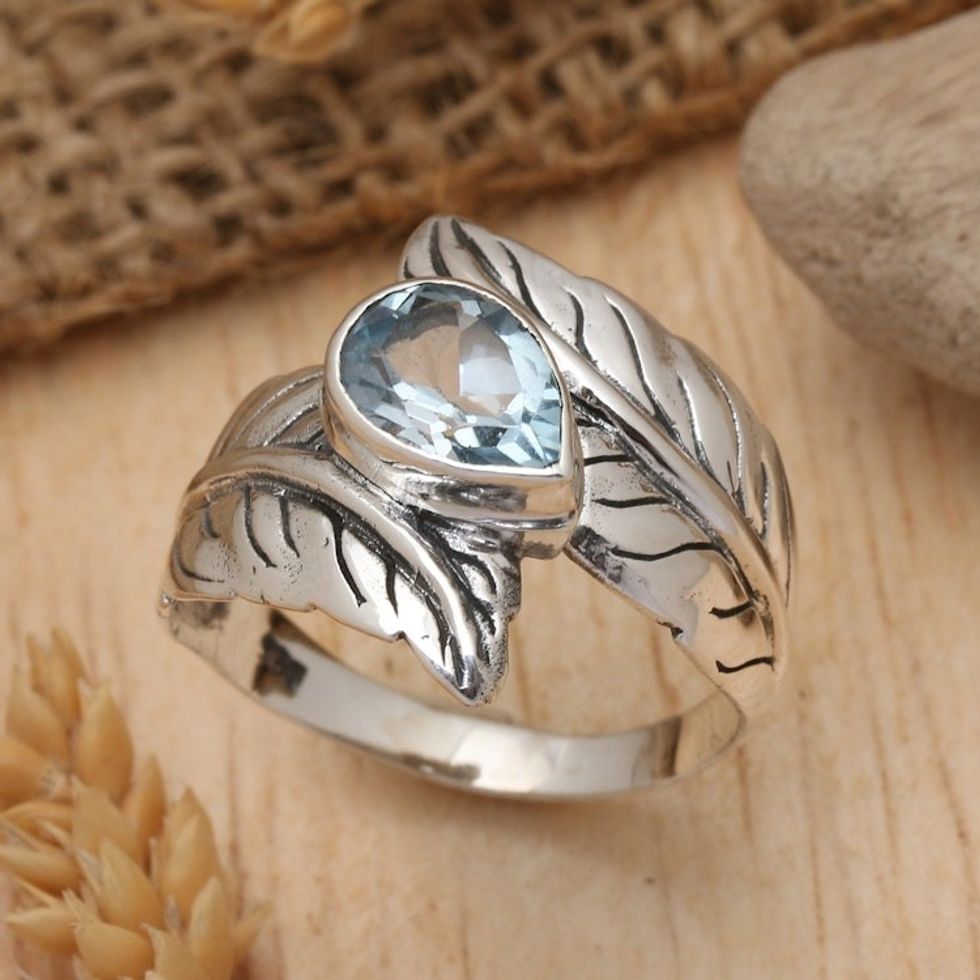 Blue Topaz and Sterling Silver Leaf Cocktail Ring from Bali 'Leafy Caress'