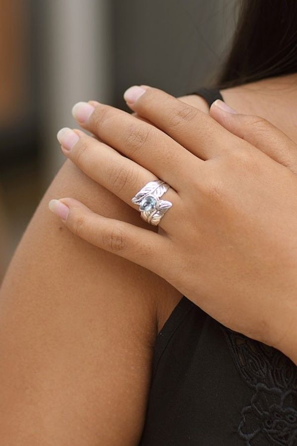 Alternate image for Blue Topaz and Sterling Silver Leaf Cocktail Ring from Bali Leafy Caress