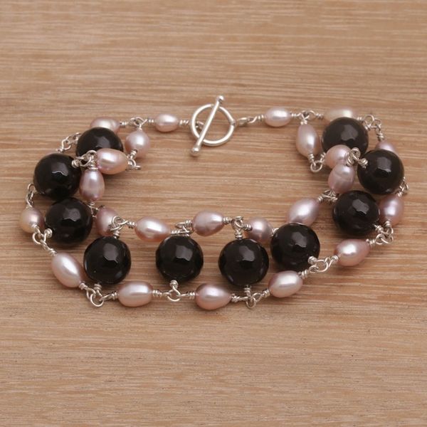 Alternate image for Cultured Freshwater Pearl and Onyx Beaded Link Bracelet Classic Radiance