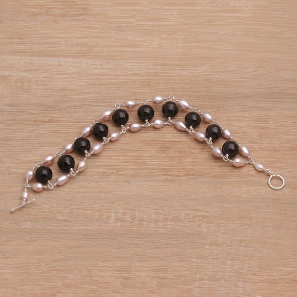 Alternate image for Cultured Freshwater Pearl and Onyx Beaded Link Bracelet Classic Radiance