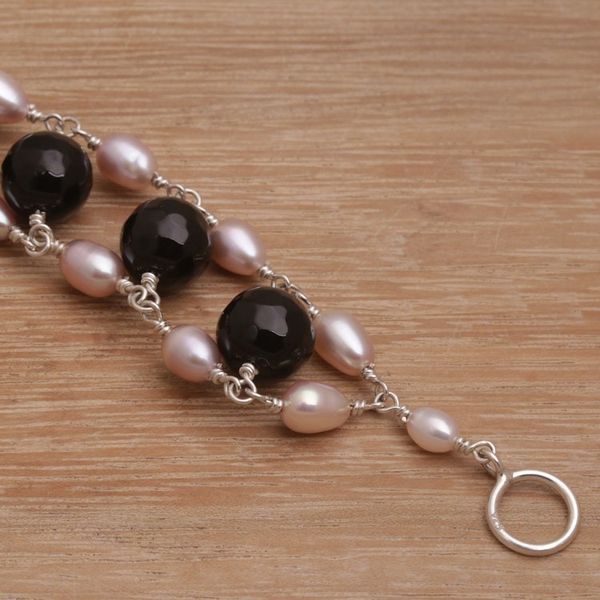 Alternate image for Cultured Freshwater Pearl and Onyx Beaded Link Bracelet Classic Radiance