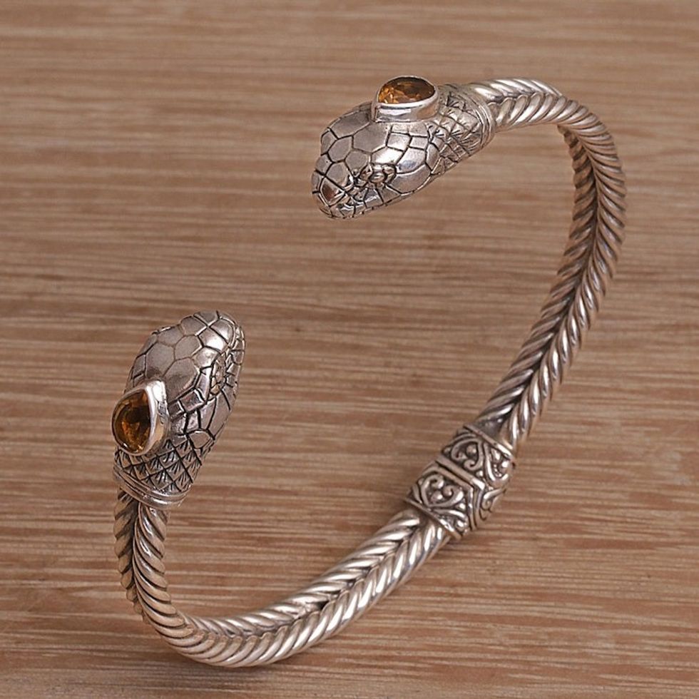 Snake-Themed Citrine Cuff Bracelet from Bali 'Snake Siblings'