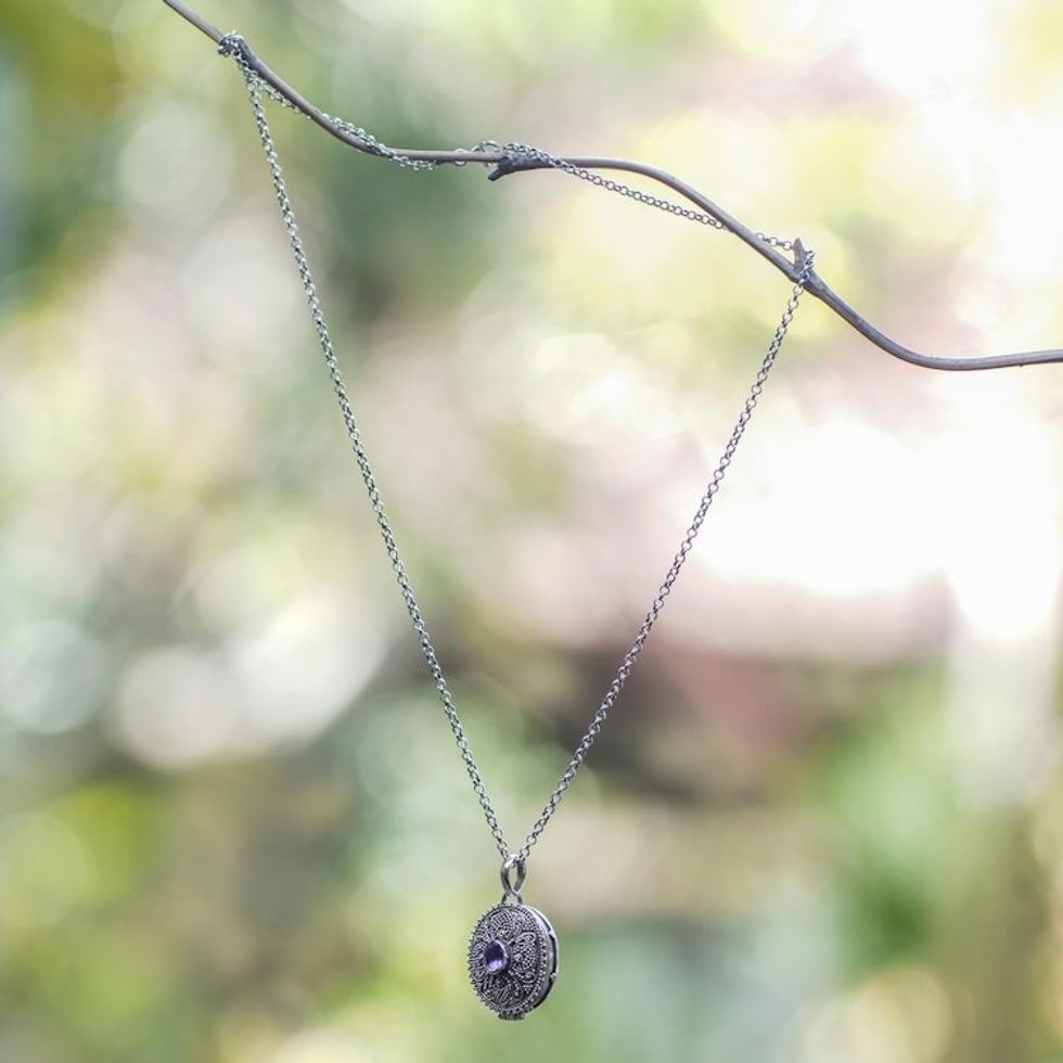 Sterling Silver and Amethyst Locket Necklace from Bali 'Floral Secret'