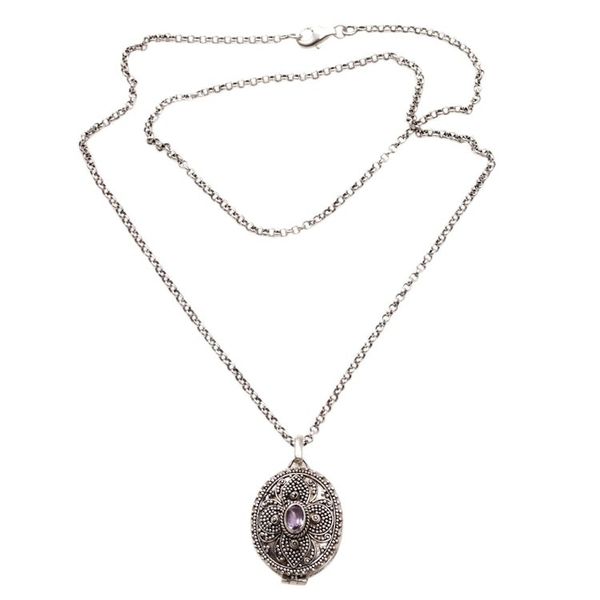 Alternate image for Sterling Silver and Amethyst Locket Necklace from Bali Floral Secret