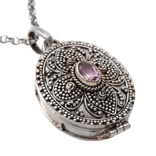 Alternate image for Sterling Silver and Amethyst Locket Necklace from Bali Floral Secret