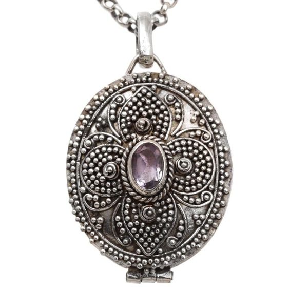 Alternate image for Sterling Silver and Amethyst Locket Necklace from Bali Floral Secret
