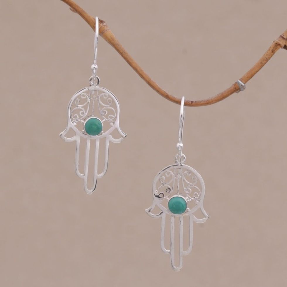 Reconstituted Turquoise Sterling Silver Hamsa Hand Earrings 'Hamsa Protection'