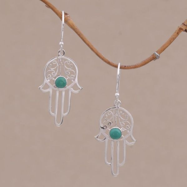 Alternate image for Reconstituted Turquoise Sterling Silver Hamsa Hand Earrings Hamsa Protection
