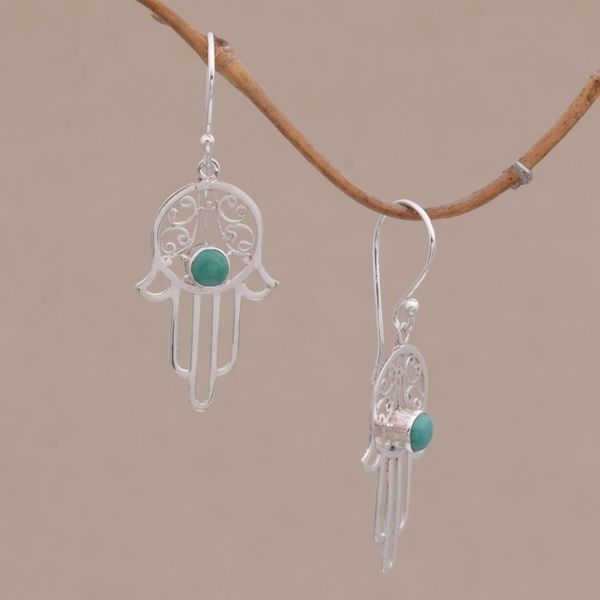 Alternate image for Reconstituted Turquoise Sterling Silver Hamsa Hand Earrings Hamsa Protection