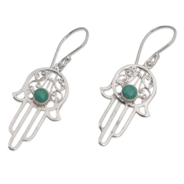 Alternate image for Reconstituted Turquoise Sterling Silver Hamsa Hand Earrings Hamsa Protection