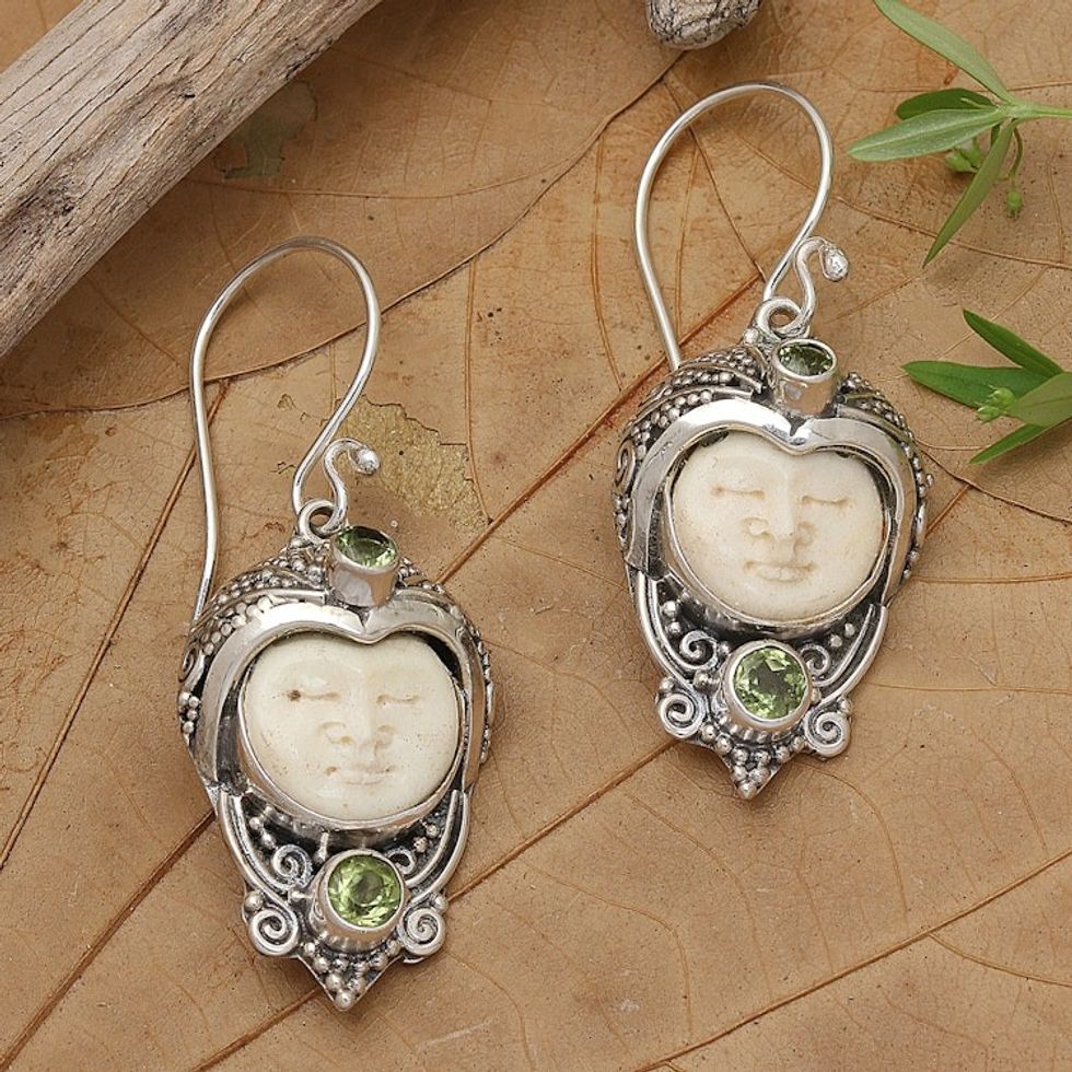 Peridot and Cow Bone Sterling Silver Celuk Dangle Earrings 'Celuk Prince'