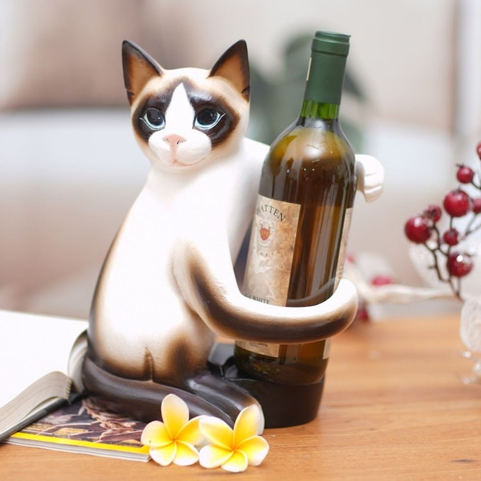 Artisan Handcrafted Wood Cat Wine Holder from Bali 'Cat Hug'