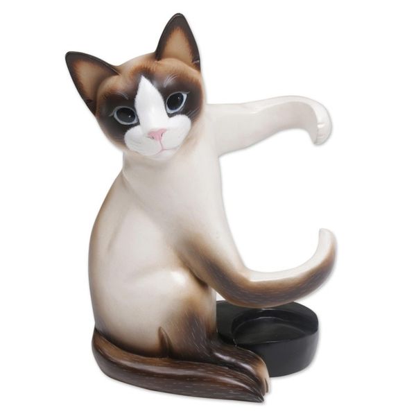 Alternate image for Artisan Handcrafted Wood Cat Wine Holder from Bali Cat Hug