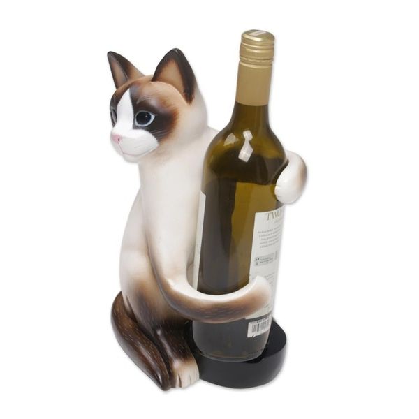 Alternate image for Artisan Handcrafted Wood Cat Wine Holder from Bali Cat Hug