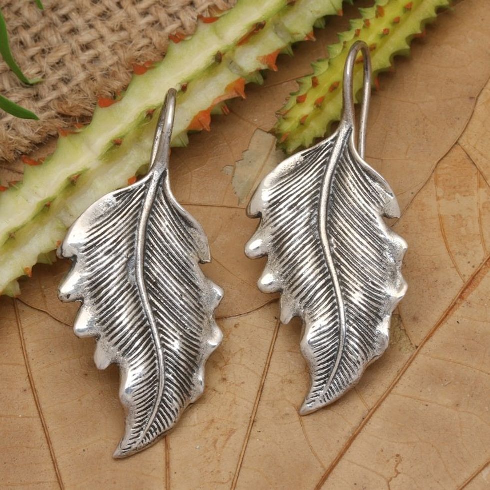Combination Finish Silver Leaf Drop Earrings 'Germander Leaf'