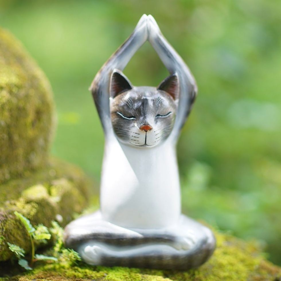 Painted Suar Wood Sculpture of a Yoga Cat in Grey from Bali 'Toward the Sky Grey Yoga Cat'