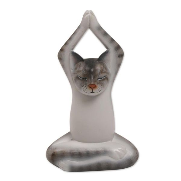Alternate image for Painted Suar Wood Sculpture of a Yoga Cat in Grey from Bali Toward the Sky Grey Yoga Cat