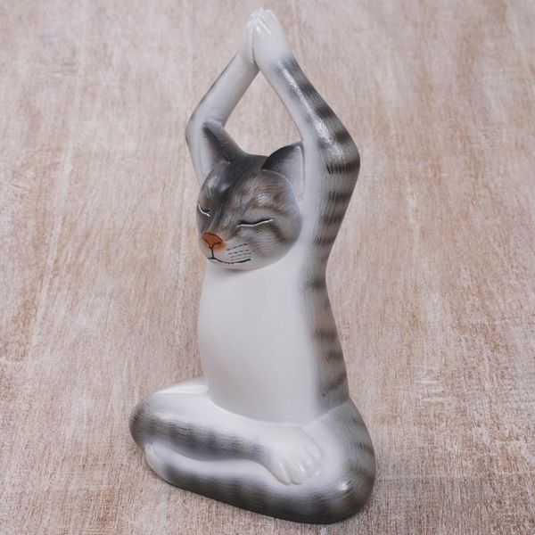Alternate image for Painted Suar Wood Sculpture of a Yoga Cat in Grey from Bali Toward the Sky Grey Yoga Cat