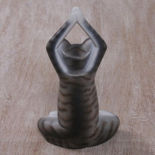 Alternate image for Painted Suar Wood Sculpture of a Yoga Cat in Grey from Bali Toward the Sky Grey Yoga Cat
