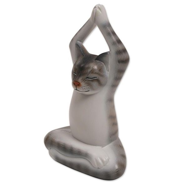Alternate image for Painted Suar Wood Sculpture of a Yoga Cat in Grey from Bali Toward the Sky Grey Yoga Cat