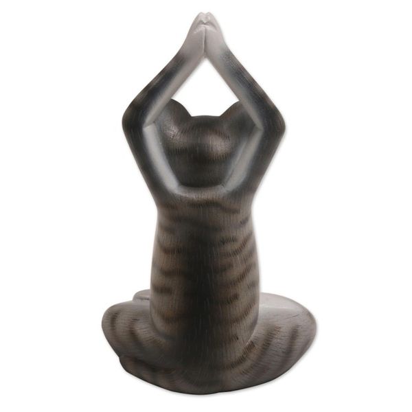 Alternate image for Painted Suar Wood Sculpture of a Yoga Cat in Grey from Bali Toward the Sky Grey Yoga Cat
