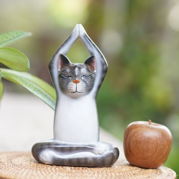 Alternate image for Painted Suar Wood Sculpture of a Yoga Cat in Grey from Bali Toward the Sky Grey Yoga Cat