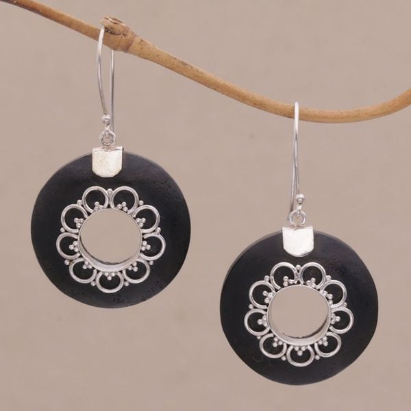 Alternate image for Circular Lava Stone and Sterling Silver Earrings from Bali Wangi Rings