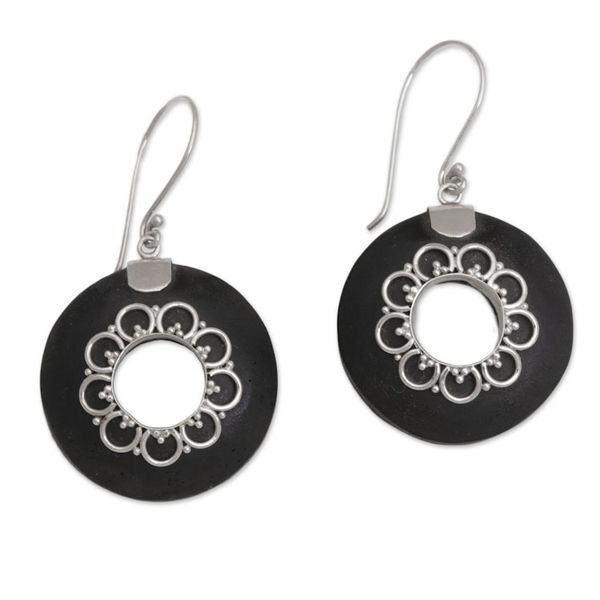 Alternate image for Circular Lava Stone and Sterling Silver Earrings from Bali Wangi Rings