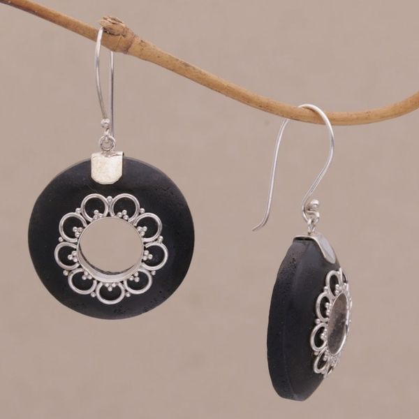 Alternate image for Circular Lava Stone and Sterling Silver Earrings from Bali Wangi Rings
