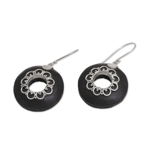 Alternate image for Circular Lava Stone and Sterling Silver Earrings from Bali Wangi Rings