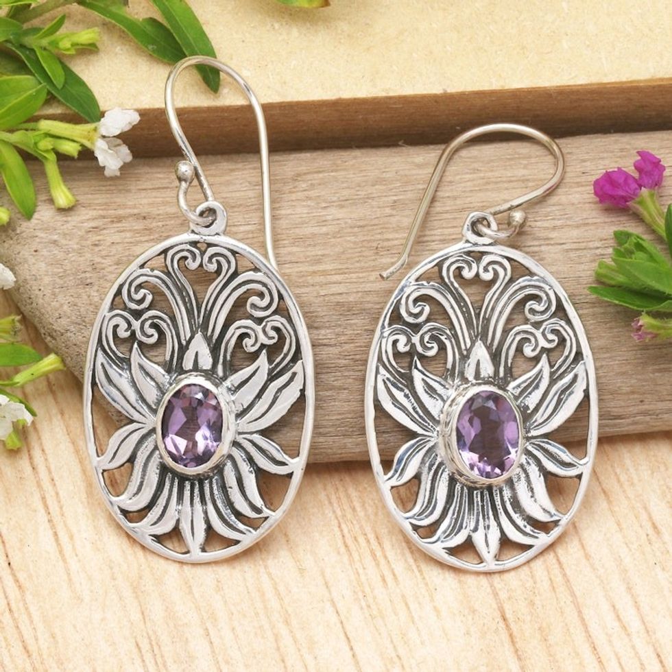 Balinese Amethyst and Sterling Silver Lotus Dangle Earrings 'Daylight Lotus'
