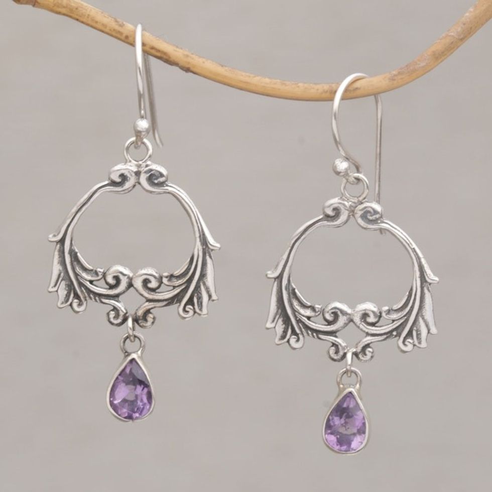 Garland Shaped Sterling Silver Earrings with Amethysts 'Bali Garland'
