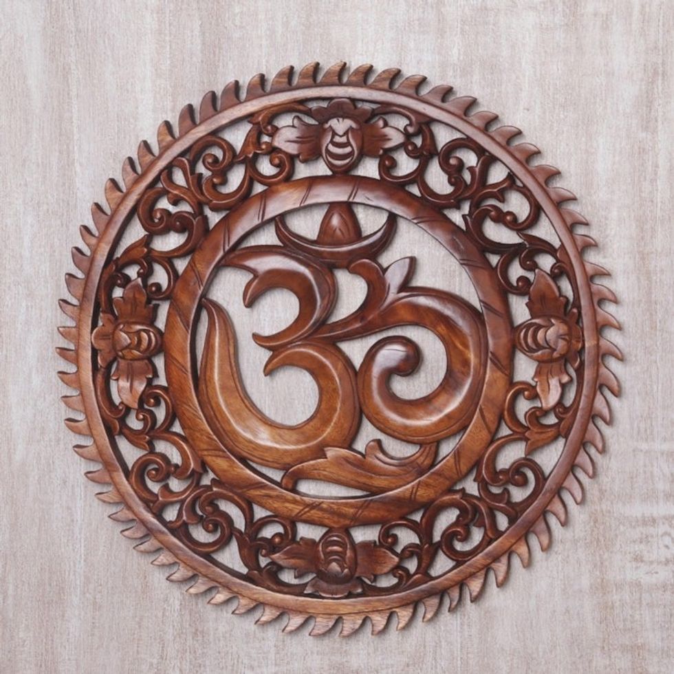 Hand Carved Om Motif Wood Wall Relief Panel from Bali 'Om Serenity'