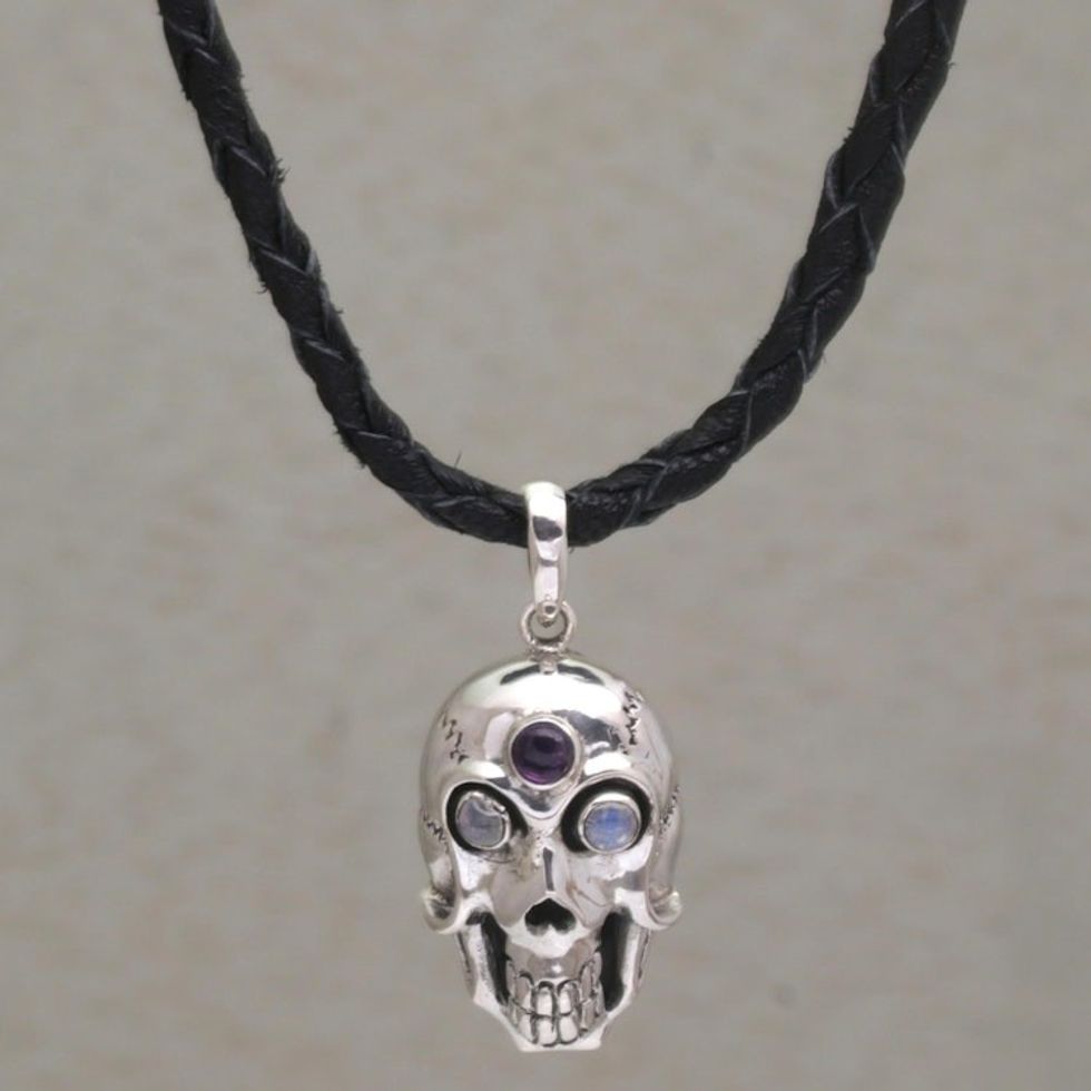 Rainbow Moonstone and Amethyst Skull Necklace from Indonesia 'Deadly Charm'