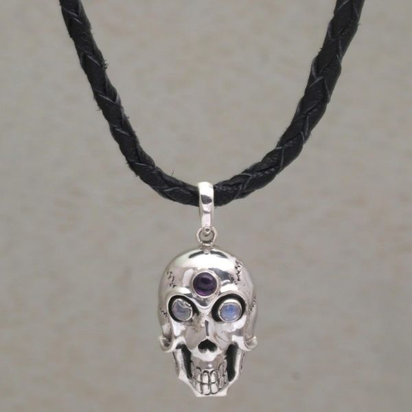 Alternate image for Rainbow Moonstone and Amethyst Skull Necklace from Indonesia Deadly Charm