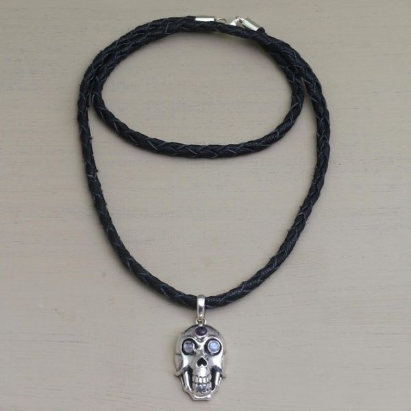 Alternate image for Rainbow Moonstone and Amethyst Skull Necklace from Indonesia Deadly Charm