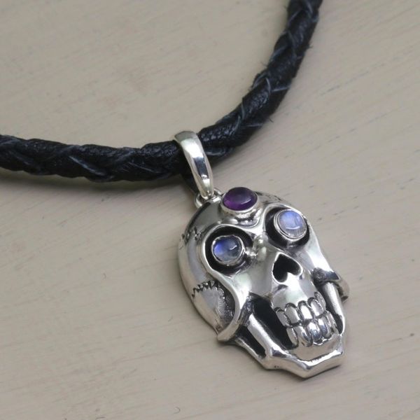 Alternate image for Rainbow Moonstone and Amethyst Skull Necklace from Indonesia Deadly Charm