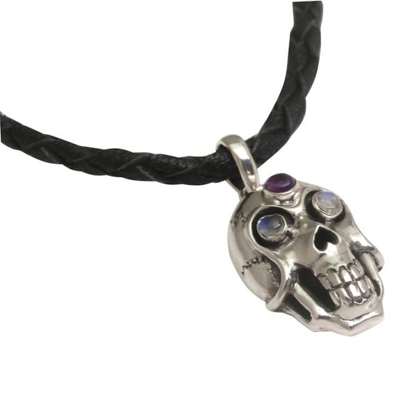 Alternate image for Rainbow Moonstone and Amethyst Skull Necklace from Indonesia Deadly Charm
