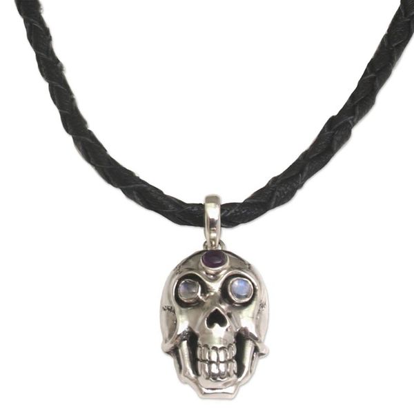 Alternate image for Rainbow Moonstone and Amethyst Skull Necklace from Indonesia Deadly Charm