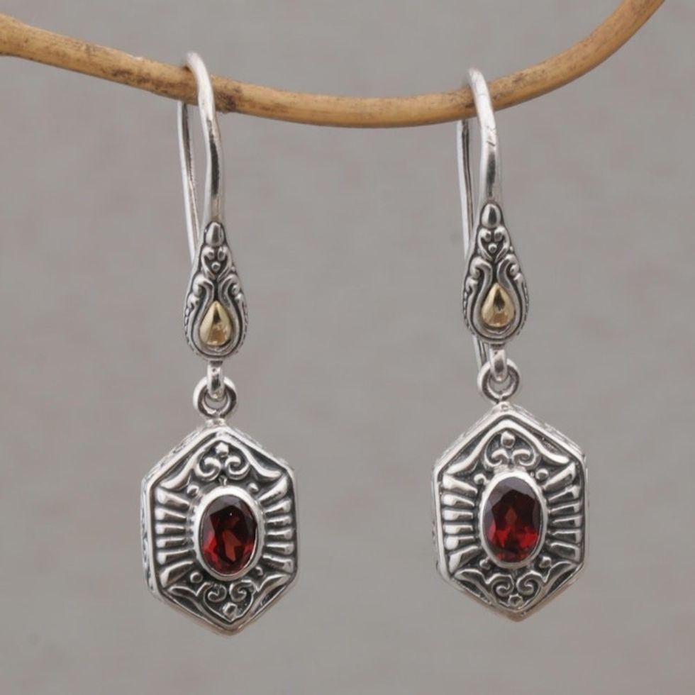 Handcrafted Bali Gold Accent Silver and Garnet Earrings 'Beacon Fire'