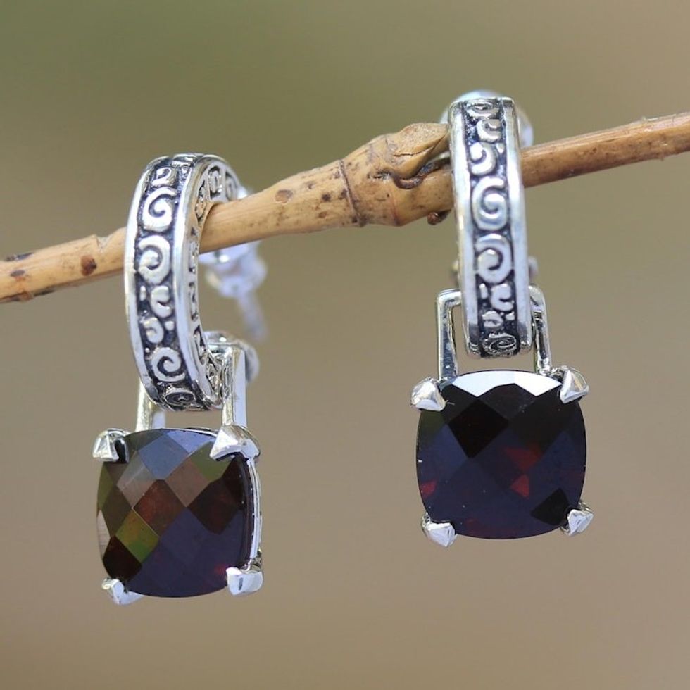Garnet and Sterling Silver Dangle Earrings from Bali 'Buddha Hoops'