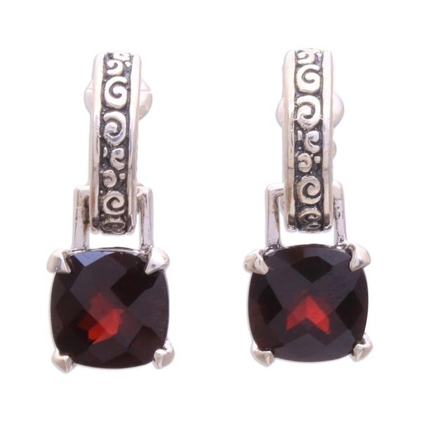 Alternate image for Garnet and Sterling Silver Dangle Earrings from Bali Buddha Hoops
