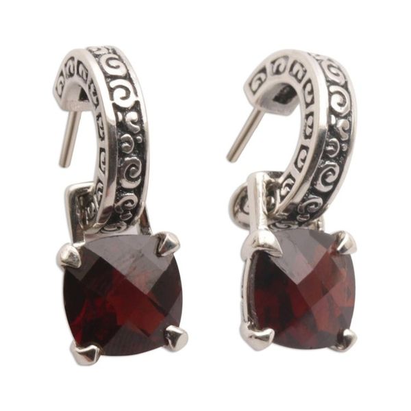 Alternate image for Garnet and Sterling Silver Dangle Earrings from Bali Buddha Hoops