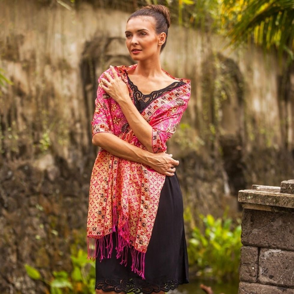 Batik Silk Shawl with Fuchsia Floral Motifs from Bali 'Kawung Plains in Fuchsia'