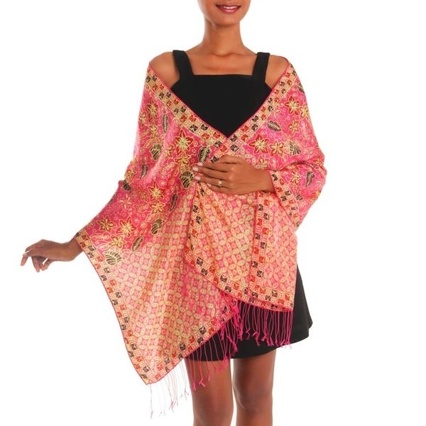 Alternate image for Batik Silk Shawl with Fuchsia Floral Motifs from Bali Kawung Plains in Fuchsia